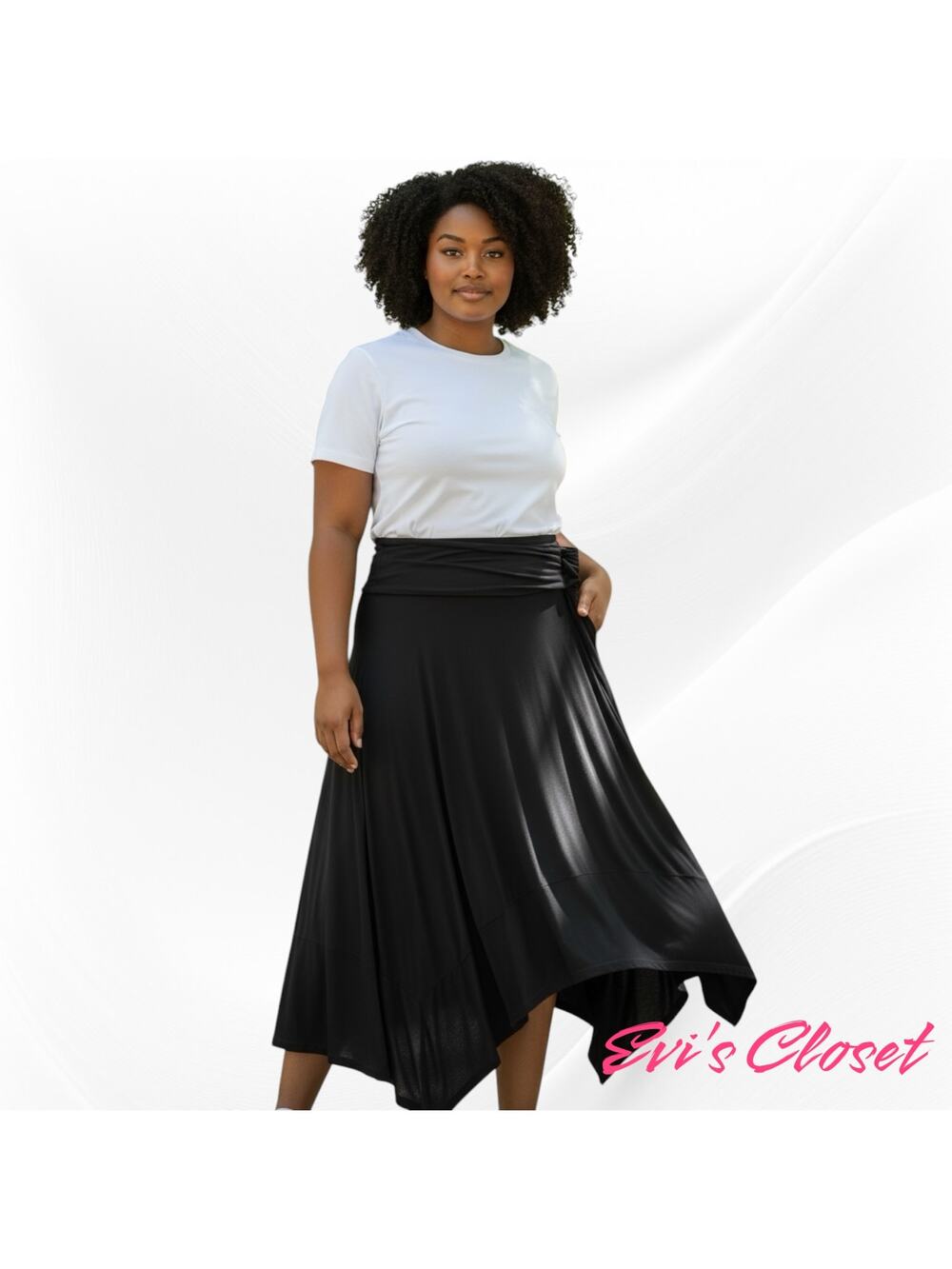 DJT Woman's Flowy Pull Midi Skirt Pull On Black Sz XXL Handkerchief Hemline